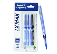 Luxor Schneider LX MAX roller ball pen, Pack of 4, 3 Blue+1 Black, Needle Tip, 0.5mm, 100% German Technology, 1000+ mtrs writing length, Waterproof Ink, Ideal for Students & Professionals