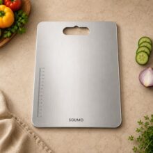 Amazon Brand – Solimo Regular Chopping Slicing, Kneading Board | Stainless Steel | Double Sided | Round Edge | for Vegetables, Fruits (L)