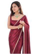 SATAZ Ready To Wear Saree For Women Satin Silk Readymade Stitched Scalloped Border With Unstitched Blouse (Red Maroon)