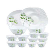 Larah By Borosil Green Lily Opalware Dinner Set, 33-Pieces, White