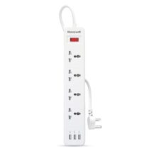 Honeywell 4 Outlet Extension Board with Master Switch, 6 Amps, 250V, 3xUSB, 4 International Sockets, Pure Copper, 6 Advanced Safety Features, 2 Mtr Power Cord, BIS Certified, 1 yr Warranty