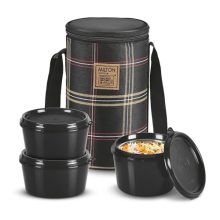 Milton Lofty Tiffin (3 Microwave Safe Inner Steel Containers, 1 X 320 Ml, 2 X 450 Ml Each) With Insulated Fabric Jacket, Black