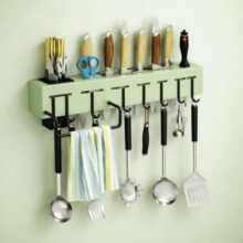 Bakaziky Wall Mounted Kitchen Organizer Rack With Knife Holder Slots, Utensil Hanging Hooks, Towel Bar And Storage Cup, Drill Or Adhesive Installation Kitchen Storage Shelf Unit (Green__01)