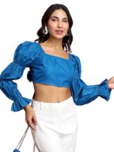 Tokyo Talkies Blue Bell Sleeve Styled Back Crop Top