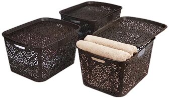 Amazon Brand – Solimo Royal Multipurpose Storage Basket With Lid- Large (Set Of 3, Brown) – Fabric, Rectangular
