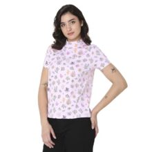 Spykar Regular Fit Printed High Neck Pink T-Shirt for Women (Size: L)-WKTFT1BD055-Baby Pink