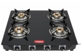 Khaitan Tempered Glass 4 Burner Premium Black Toughened Lpg Gas Cooktop, Manual Ignition Stove With 1 Year Warranty (Isi Approved, Burner)