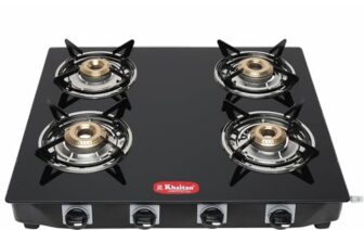 Khaitan Tempered Glass 4 Burner Premium Black Toughened Lpg Gas Cooktop, Manual Ignition Stove With 1 Year Warranty (Isi Approved, Burner)