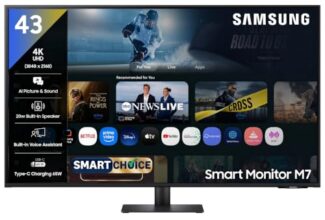 Samsung 43″(1.08m) 4K M7 Vision AI Smart Monitor (Smartchoice) | UHD 3840 x 2160 | Smart TV Experience with AI Picture & Sound|Type-C|Apple AirPlay|Remote|Speakers|Wi-Fi|Bluetooth|LS43FM700UWXXL|Black