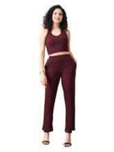 UNIfringe Women’s Ribbed Co-ord Set | Sleeveless Crop Top & Straight Pants | Soft Stretchy Polyester (Maroon,XX