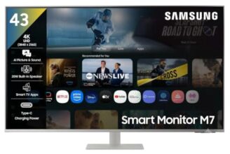 Samsung 43″(1.08m) 4K M7 Vision AI Smart Monitor|UHD 3840 x 2160|Smart TV Experience with AI|Type-C|Apple AirPlay|Gaming Bar|Remote|Speakers|Wi-Fi|Bluetooth|AI Picture & Sound|LS43FM701UWXXL|White