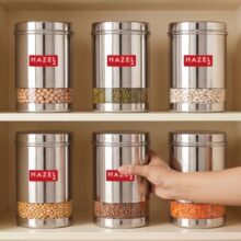 HAZEL Stainless Steel Kitchen Container | 1200 ml Each Transparent Kitchen Container Set with Glossy Finish | Multipurpose Airtight Container for Kitchen Storage organizer, Set of 6