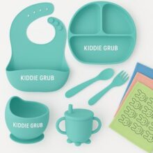 KIDDIE GRUB 7 Pcs Baby Feeding Set with Napkin BPA Free Baby Dinner Set, Silicone Feeding Set for Baby 6+ Months, Baby Weaning Set, Baby Suction Plate and Spoon Cutlery Set, Silicone bib and Bowl