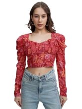 Tokyo Talkies Women’s Floral Ruched Crop Top | Trendy Fitted Design with Vibrant Pink Print for A Chic Look | Tops for Woman | Women Tops | Women Crop Top