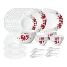 Larah by Borosil 47 Pieces Rose Red Opalware Dinner Set for Family of 8 | Microwave & Dishwasher Safe Silk Series Crockery for Dining & Gifting, Bone Ash Free Plates & Bowls