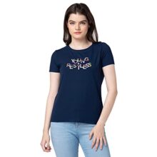 Spykar Printed Blended Round Neck Women’s Top (Blue,Small)