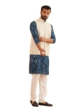 Sojanya (Since 1958 Men’S Cotton Teal Blue Kurta With Churidaar Pyjama & Cream Nehru Jacket