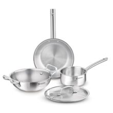 Bergner TriPro 4 Pcs Tri-Ply Stainless Steel Induction Bottom Cookware Set – 22cm (2L) Kadai and 22cm (1L) Frypan with Common Stainless Steel Lid, 14cm (1L) Teapan, Less Oil Use, Easy to Clean