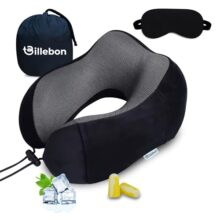 Billebon Neck Pillow for Travel – Cool-Gel Infused Memory Foam Support, U-Shape Ergonomic Design, Portable for Flight Journeys, Lightweight Compact Build, Soft Washable Cover, Black, Combo