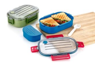 Dimazofly 3-Compartment Lunch Box with Spoon, Leakproof BPA Free Plastic Container, Airtight Lock Lunch Box for Kids School, Office, Picnic & Travel