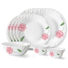 Larah by Borosil Red Mist Fluted Series Opalware Dinner Set | 13 Pieces for Family of 4 | Microwave & Dishwasher Safe | Bone-Ash Free | Crockery Set for Dining & Gifting | Plates & Bowls | White