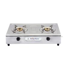 Surya Flame Majestic 2 Burner Stainless Steel Gas Stove | Manual Ignition | High-Efficiency Tri-Pin Brass Burners | Heavy-Duty Pan Support | Anti-Skid Legs | ISI Certified & 2 Years Warranty