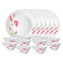 Larah By Borosil Glass Floral Dianathali Set (White) – 18 Pieces