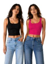 KERI PERRY Tops for Women Crop Top for Women’s Tank Activewear Tee Casual Sports Cotton Square Neck Camisole Pack of Two (2)