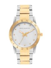 French Connection Mop White Round Dial with Gold Two Tone Stainless Steel Metal Strap Watch – for Womens FCU8TM