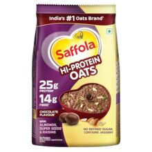 Saffola 25g High Protein Oats | 14g Fibre | 400g | No Refined Sugar | With Almonds, Raisin, Pumpkin and Chia Seeds | Rolled Oats for Weight management & Muscle gain | Chocolate flavour