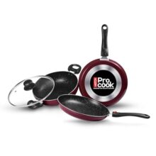 Milton Pro Cook Kitchen Pride Set Of 3 Non Stick Cookware | Pfoa Free Coating, Non Induction | Includes Nonstick Tawa, Fry Pan, Kadhai With Glass Lid, Nylon Laddle & Spatula I Peach Color