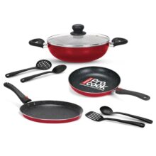 Milton Pro Cook Kitchen Pride Plus Granito I Set Of 7 Non Stick Cookware | Non Induction I Cooking Pan, Kadhai With Lid, Tawa, Nylon Laddle & Spatula I Maroon Metallic