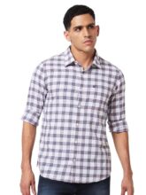 Spykar Peach Checked Full Sleeve Shirt for Men (Size: L)-MSHCS1BD129-Light Peach