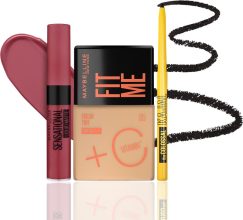 Maybelline New York Ananya’S Makeup Essentials: Fit Me Tint 05 + Colossal Kajal + Slm Touch Of Spice(Shade 05, Black, Touch Of Spice, 30 Ml)