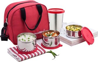 Signoraware Sling Stainless Steel Lunch Box with Steel tumbler (500ml, 500ml, 350ml, 370ml, Red) – Set of 4