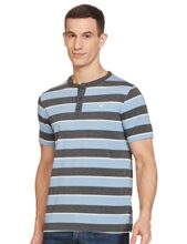 Deniklo Men’s Striped Regular Fit T-Shirt (DK35-S_Blue, White & Charcoal_S)