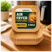 Eightiz 100 PCS Air Fryer Paper Liners, Disposable Parchment Paper, Oil-Proof Non-Stick Baking Sheets for Air Fryer, Microwave, Baking, Roasting, Frying & Cooking (Square, 8 Inch).