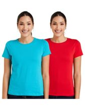 Amazon Brand – Symbol Women’s Cotton Stretch Regular Fit Round Neck Half Sleeve T-Shirt (Combo Pack of 2) (TS-1 Cont_Red and Turquoise_6XL)