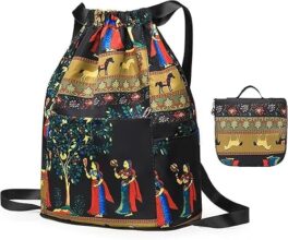 TWIMAL Foldable Drawstring Backpack with Front Zipper and Side Pockets