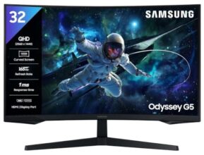 Samsung 32″ (80cm) Odyssey G5 2K Curved Gaming Monitor|QHD 2560 X 1440|1000R Curved|165Hz|1ms(MPRT)|300nits|Ports-HDMI,DP,Headphone|DP Cable|HDR10|FreeSync|LS32CG550EWXXL|Black