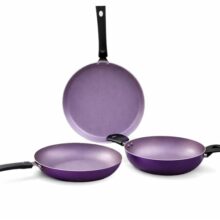 Wonderchef Valencia Non-Stick Cookware 3 Piece Set | Kadhai, Fry Pan, Dosa Tawa | Cool Touch Bakelite Handles | Pure Grade Aluminium| Pfoa Free| 2 Years Warranty | Purple