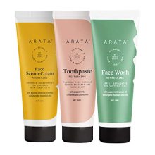 Arata Natural Essential Morning Regime With Facewash (50 Ml), Face Serum-Cream (50 Ml) & Toothpaste (50 Ml) For Women & Men || All Natural, Vegan & Cruelty-Free || Minty Fresh Breath || Radiant, Healthy Skin