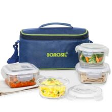 Borosil Borosilicate Glass Made in India Lunch Box (Blue Bag, Universal) | Lunchbox with Bag, Microwave & Dishwasher Safe, Glass Tiffin for Office for Men & Women, School Tiffin