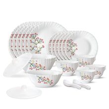 Larah by Borosil 35 Pieces Red Bud Opalware Dinner Set for Family of 6 | Microwave & Dishwasher Safe Silk Series Crockery for Dining & Gifting, Bone Ash Free Plates & Bowls