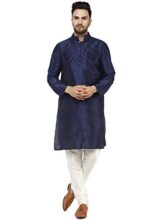 SKAVIJ Men’s Traditional Art Silk Kurta With Churidar Pyjama Regular Fit Ethnic Pajama Set Blue, XL