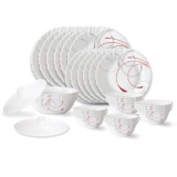 Larah by Borosil Boro Fluted Series Opalware Dinner Set | 28 Pieces for Family of 6 | Microwave & Dishwasher Safe | Bone-Ash Free | Crockery Set for Dining & Gifting | Plates & Bowls | White