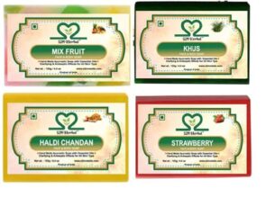 S2M Herbal Handmade Soap Combo Kit 10 – Pack Of 4 (Haldi Chandan, Strawberry, Khus, Mix Fruit Soap) (|Gift Pack For Glowing Skin | (4 X 125G) (4 X 125 G)