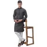 SOJANYA (Since 1958 Men’s Silk Blend Black Kurta with Multi Color Embroidery and Off-White Pyjama