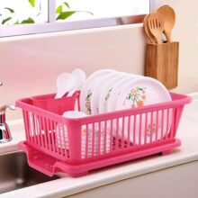 Kuber Industries Plastic Sink Dish Drainer Rack | 3 in 1 Large Durable Drainer Drying Rack Washing Basket with Tray | Home & Kitchen Dish Rack Organizers, Utensils Tools Cutlery – Pink