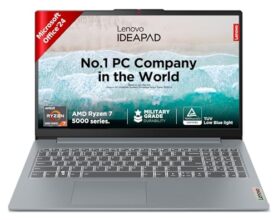 Lenovo IdeaPad Slim 3 Ryzen 7 5825U 15.6″ (39.6cm) FHD Thin and Light Laptop (16GB RAM/512GB SSD/Integrated AMD Radeon Graphics/Windows 11/ Office 2024/Grey/1.6Kg), 82XM01CBIN